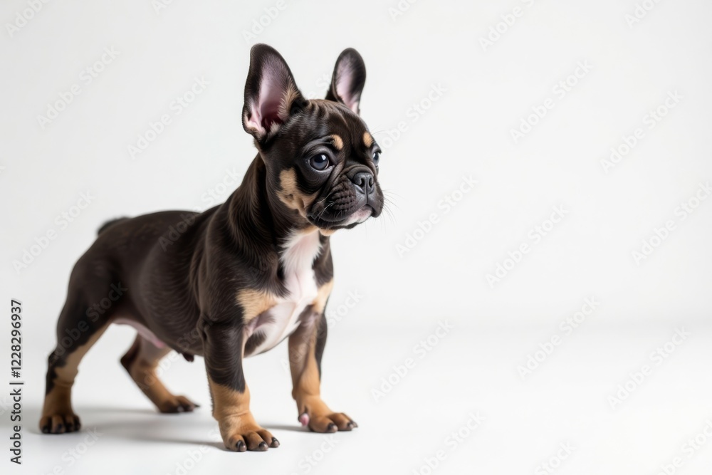 Baby French Bulldog standing, left side view, facing camera, in isolated environment , blackbackground, pet, standing Baby French Bulldog standing, left side view, facing camera, in isolated environment , blackbackground, pet, standing