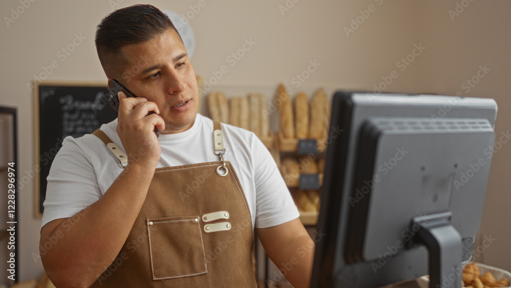 © Krakenimages.com - Young hispanic man working in a bakery talking on a phone while looking at a computer screen in an indoor setting © Krakenimages.com - Young hispanic man working in a bakery talking on a phone while looking at a computer screen in an indoor setting
