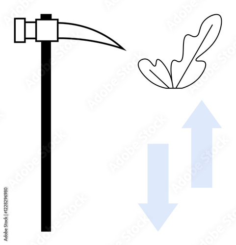 Black hoe signifies labor, leaf symbolizes organic growth, and arrows suggest progress and directionality. Ideal for agriculture, environmental conservation, organic farming, sustainability, growth