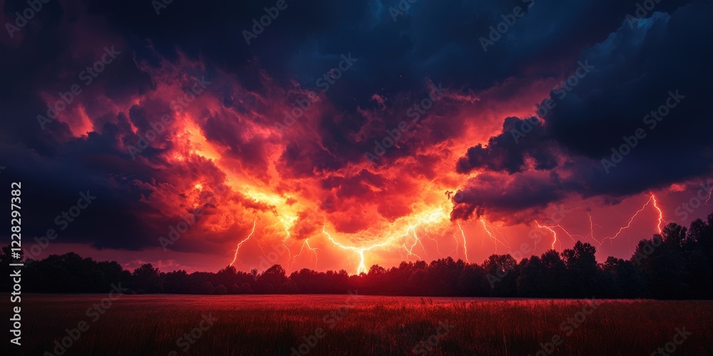Fototapeta premium Dramatic lightning storm open field nature scene twilight wide angle nature's fury unleashed