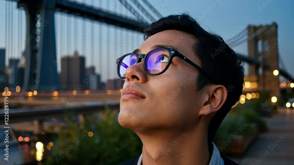 Reflective gaze under city lights by iconic bridge at dusk Reflective gaze under city lights by iconic bridge at dusk