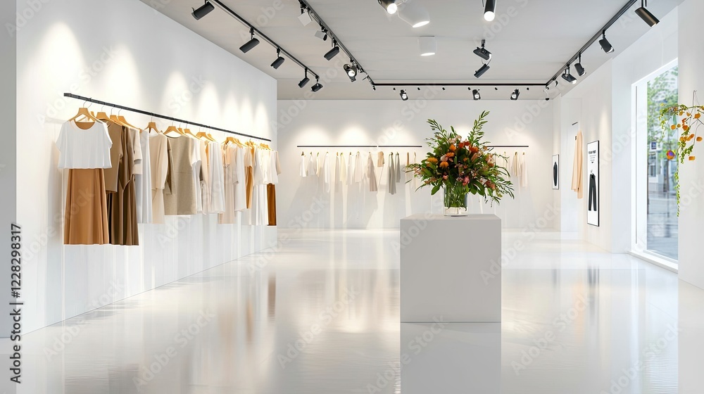 Obraz premium Elegant Fashion Boutique Interior Displaying Clothing Collections with Stylish Floral Arrangement in Center