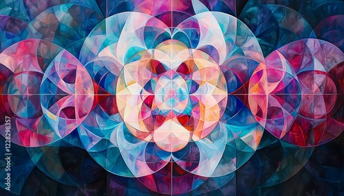 Abstract geometric art painting, recursive patterns, cosmic color palette, dimensional layers, precise symmetry, mathematical beauty