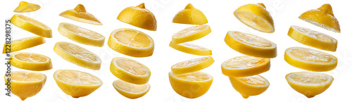Set of fresh yellow lemon slices and halves floating on transparent background