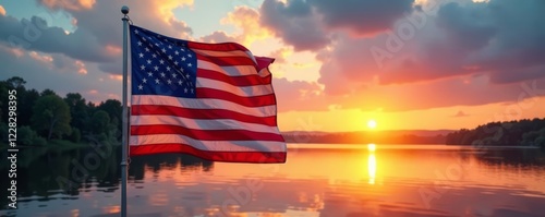 American flag waving in the wind on a calm lake at sunset, USA, sunset, independence day