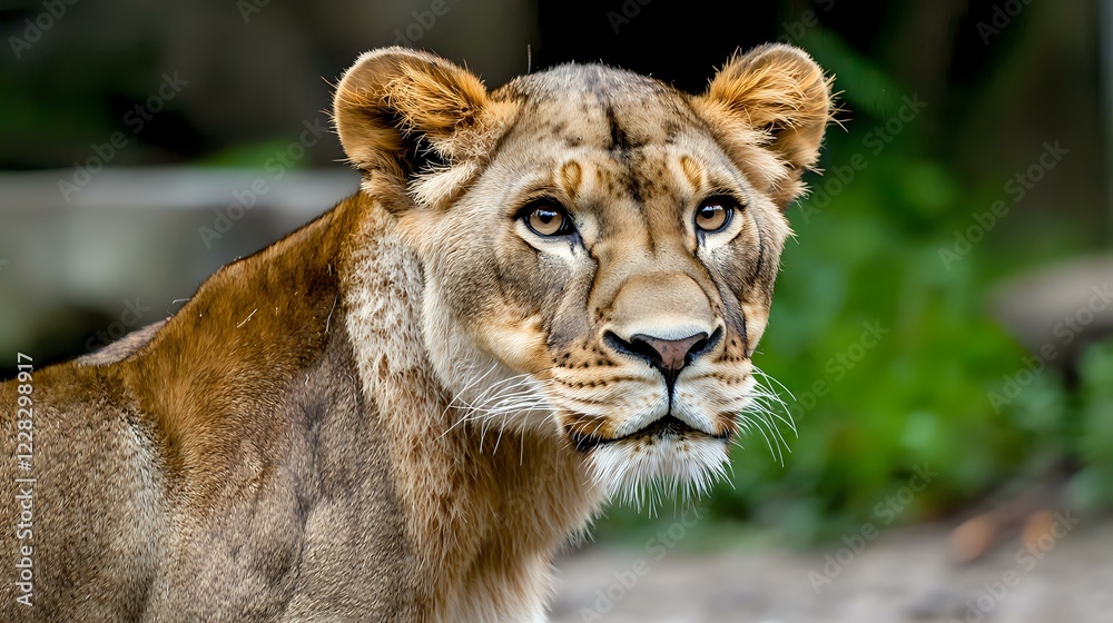 Fototapeta premium Female lioness portrait with intense gaze and alert expression against blurred green background, showing detailed facial features and distinctive tan fur coloring.