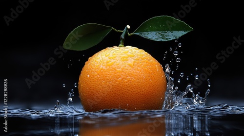 Fresh Orange with Leaf Splashing in Clear Water Against Dark Background for Food and Beverage Themes