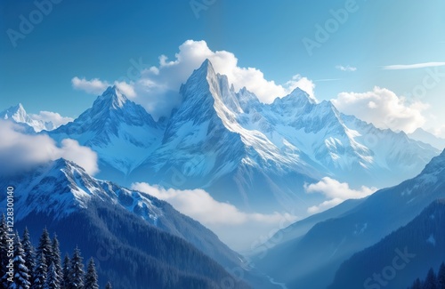 Majestic snowy mountain range. Vast landscape with snow-capped peaks and cloudy sky. Winter scenery at dawn. Dense forests are at base. Cold weather. A stunning high-altitude alpine panorama. photo