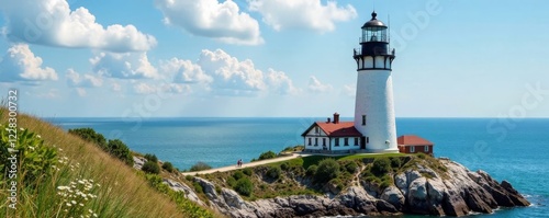 Beautifully restored lighthouse on Mackinac Island, nature, summer scenery , wooden beam