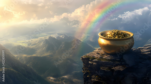 A treasure-filled golden pot sitting on a rocky mountain ledge, with a rainbow stretching across the sky, capturing the allure of fortune. Rainbow Ridge. Illustration photo