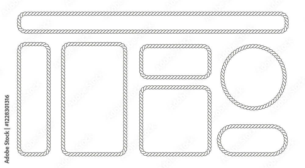 Rope Frames isolated. Round, Oval, and Square Borders Collection PNG