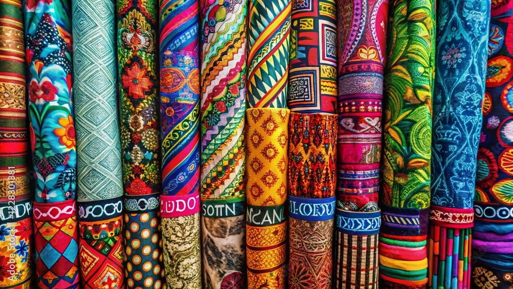 Panoramic View of Modern Textiles with Bold Geometric Prints Panoramic View of Modern Textiles with Bold Geometric Prints
