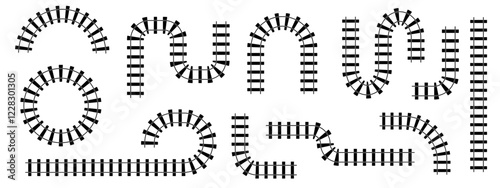 Railway Train Track Vector Illustration. Circular and Straight Rail Patterns PNG