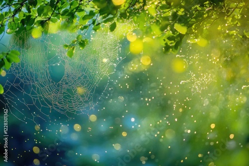 A spiderweb glistens with dew drops, suspended among vibrant green leaves