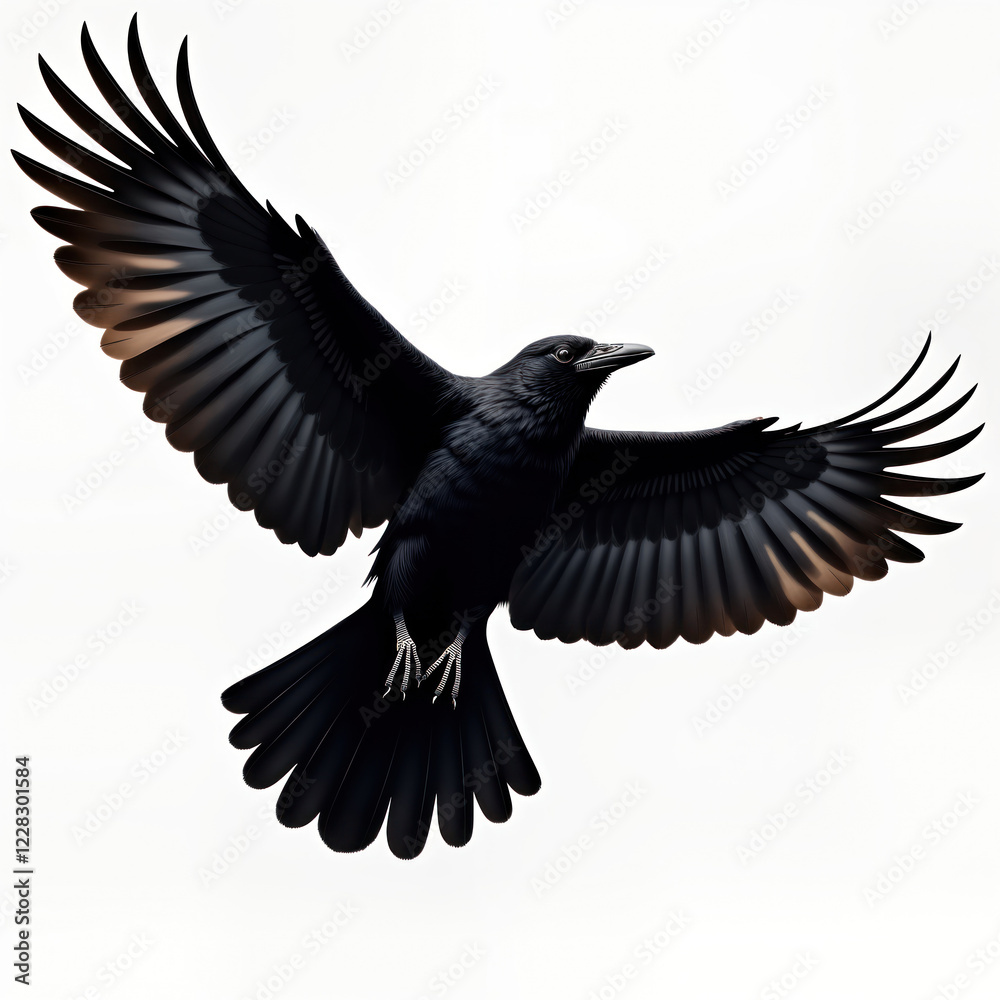 Fototapeta premium Majestic black raven soars freely in air. Elegant bird in flight with outstretched wings. Photorealistic illustration powerful, mysterious avian creature. Wildlife-themed cutout design isolated on