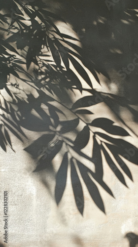 Leaf Shadows on Textured Wall in Soft Sunlight