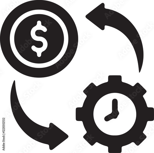 The illustration of an icon representing the intersection of time, gears, and money