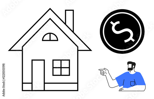 House with arched window, dollar icon, person pointing right in blue shirt. Ideal for real estate, budgeting, investments, home finance, mortgage advice house buying savings guides. Abstract line