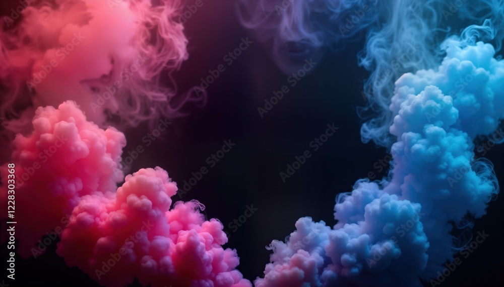 Neon pink, blue smoke clouds fill dark background. Abstract, vibrant colors create dynamic visual effect. Stylish, trendy photo for social media posts tech-inspired designs. Ideal for modern product