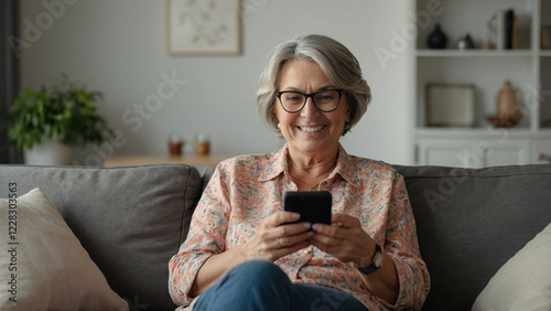 Happy middle aged older woman using smartphone sitting on couch at home. Smiling mature lady holding cellphone