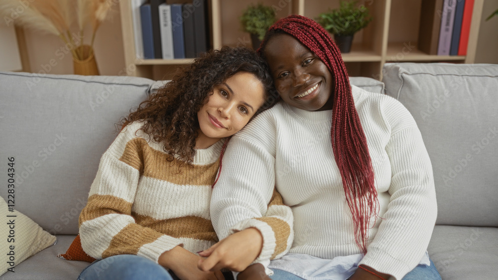 Two women sitting together on a couch in a cozy living room, showcasing friendship and happiness in a warm home environment. Two women sitting together on a couch in a cozy living room, showcasing friendship and happiness in a warm home environment.