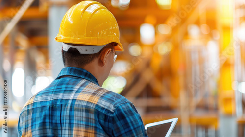 A civil engineer reviews blueprints on a tablet, overseeing construction progress with dedication and precision. photo