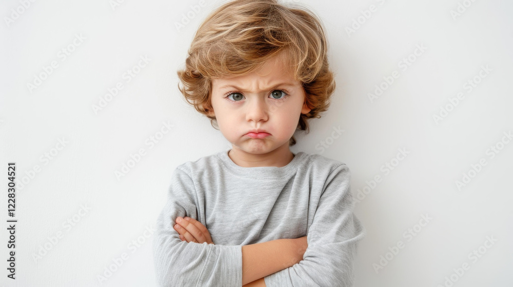 A young child stands with crossed arms, frowning in a striking display of frustration against a plain white background. A young child stands with crossed arms, frowning in a striking display of frustration against a plain white background.
