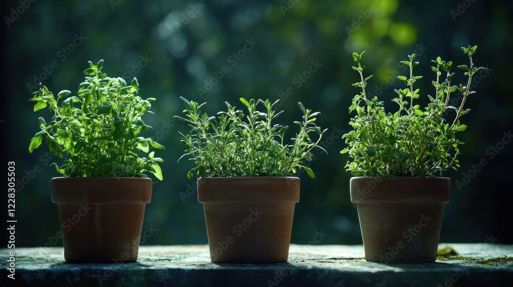 Three potted herbs in sunlight. Three potted herbs in sunlight.