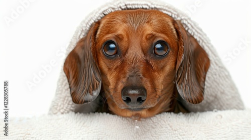 A shaggy dachshund wrapped in a warm towel postshower, looking charming yet a bit wet and cuddly after a wash. photo