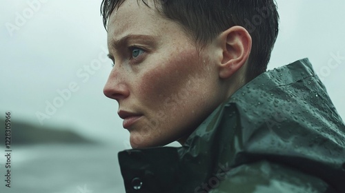 Dramatic Rain-Soaked Portrait: Fierce Woman in Green Jacket Against Stormy Sea Background, Evoking Determination and Strength photo