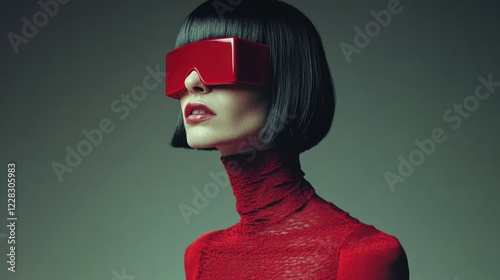 Fashion model wearing bold red outfit and futuristic sunglasses