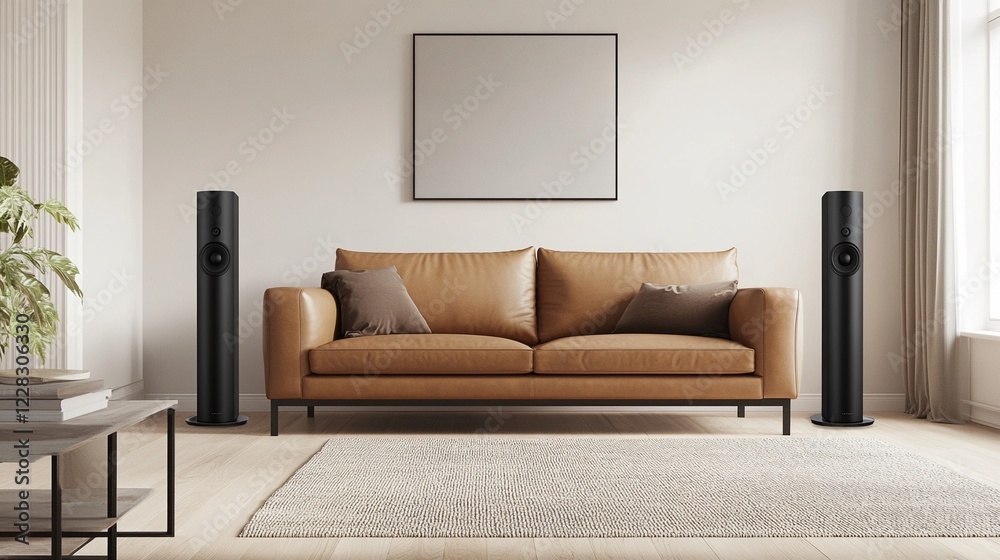 Fototapeta premium Elegant Minimalist Living Room with Caramel Leather Sofa, Light Hardwood Floors, Neutral Decor, and Compact Tabletop Speakers - A Perfect Blend of Style and Simplicity