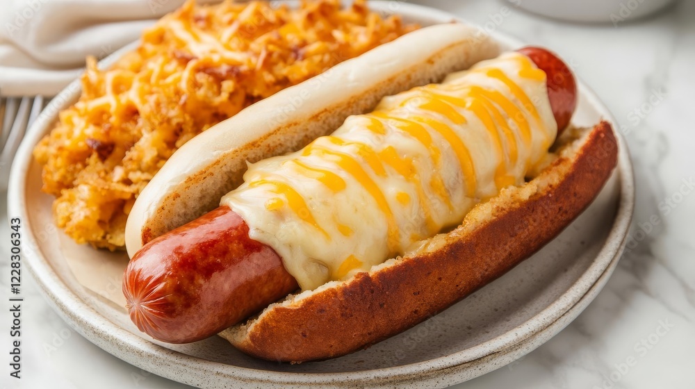 Classic hot dog sausage paired with a side of cheesy hash browns Classic hot dog sausage paired with a side of cheesy hash browns