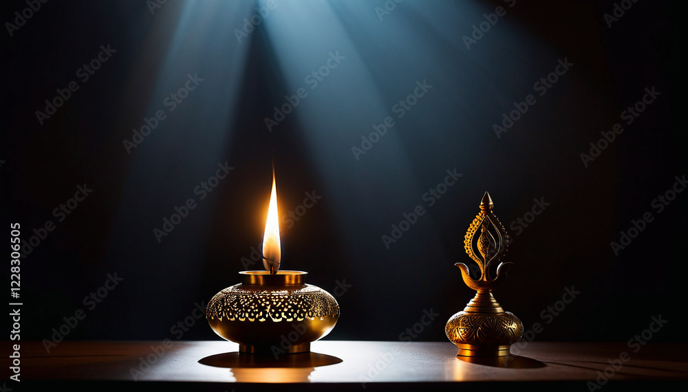 Lit brass lamp and ornate sculpture with focused light Lit brass lamp and ornate sculpture with focused light