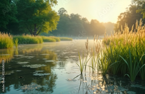 Calm river scene at sunrise. Nature-based climate solutions like restored wetlands shown in serene water with golden light. Sunlight reflects on tranquil water. Green reeds, grasses grow near water photo