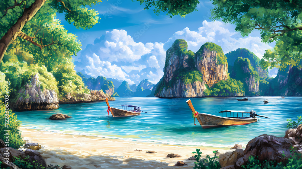 Obraz premium The picturesque shores of phuket, with its pristine beaches, azure waters, and breathtaking mountain backdrops, offer a dreamlike escape for adventurers. Sapphire Shores. Illustration