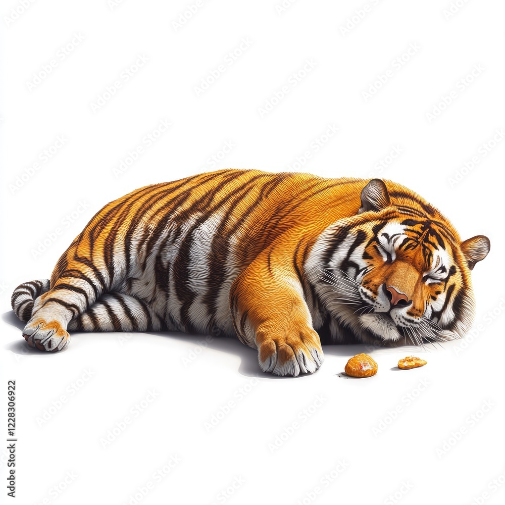 Obraz premium Relaxed Tiger Laying on White Background with Snacks Nearby, Peaceful and Calm Expression, Wildlife Portrait