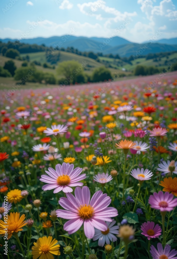 Obraz premium Vibrant field of wildflowers in full bloom, with colorful flowers stretching across the scene, rolling hills, and a clear blue sky, creating a soft, ethereal glow. Generative AI