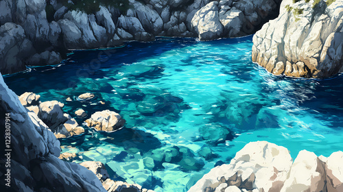 Vibrant turquoise waters and rocky shores. Sapphire Shores. Illustration photo