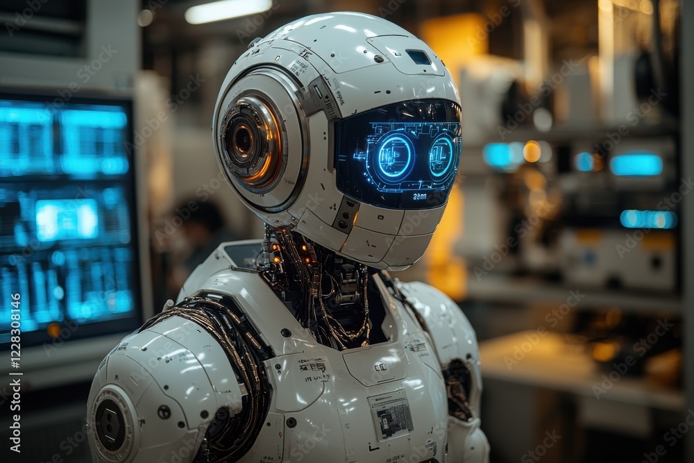 Advanced humanoid robot with glowing features in a high-tech laboratory setting in the evening Advanced humanoid robot with glowing features in a high-tech laboratory setting in the evening