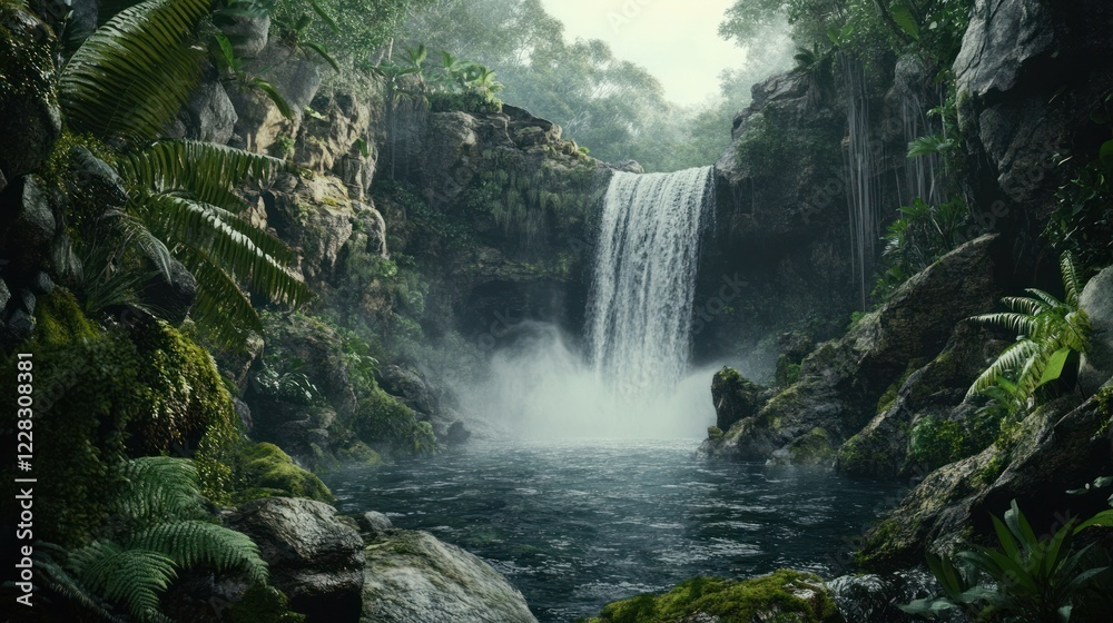 Fototapeta premium Lush Jungle Waterfall, Tranquil Pool, Mist, Rainforest Background - Nature Scene