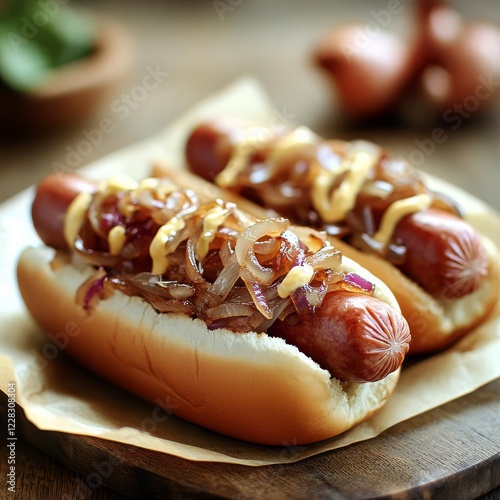 Gourmet hot dog sausage paired with caramelized onions and Gruyere cheese