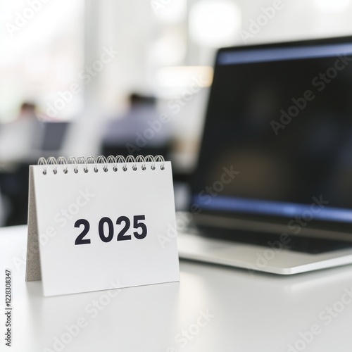 TheYear 2025 Stands Out on a Clean Desk Calendar. This sharp image of a 2025 desk calendar conveys planning, aspirations, and the future. Perfect for websites, presentations, and marketing materials. photo