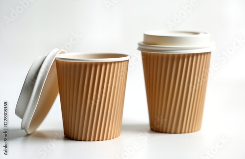 Wallpaper Mural Two brown paper coffee cups stand on plain white surface. One cup lid open. Cups ideal for coffee shops, to-go beverages. Empty, ready for hot drink. Cups disposable eco-friendly choice for takeout. Torontodigital.ca