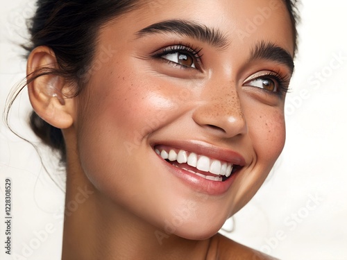 Bright smile showcases natural beauty with glowing skin and radiant expression in a soft light environment during a beauty shoot