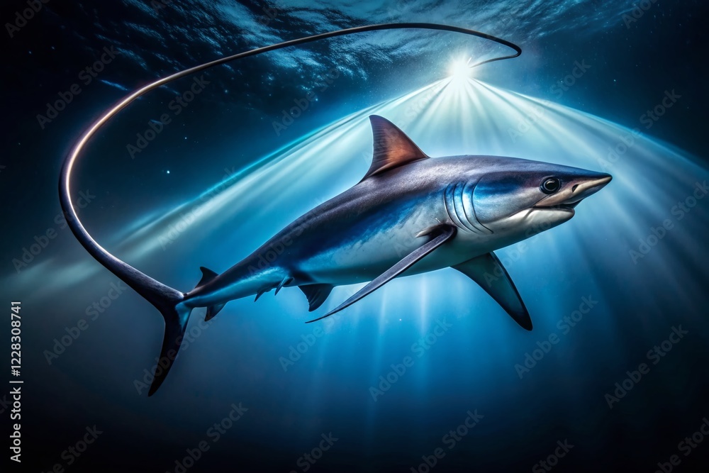 Fototapeta premium Pelagic Thresher Shark Hunting at Night: Powerful Tail Whip Action