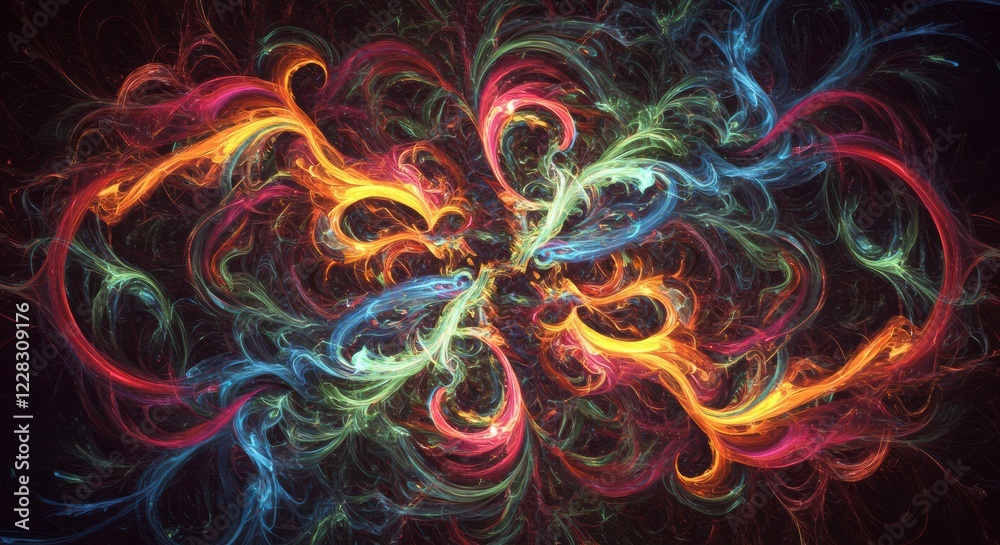 Fototapeta premium Vibrant Fractal Art: An artistic rendering showcasing a mesmerizing fractal pattern, composed of intricate swirls and vibrant colors, creating a sense of dynamic energy and visual intrigue.