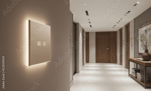 A luxury wall-mounted smart light switch with a mocha mousse frame and a glossy glass-like finish, featuring a soft LED (3) photo