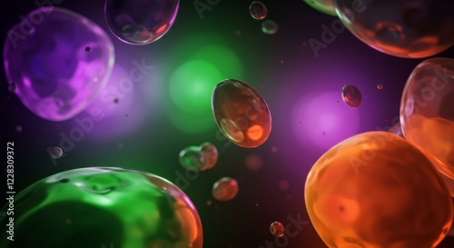 Abstract Bubblescape:  Floating iridescent bubbles in vibrant hues of purple, green, and orange, illuminated by soft, colorful lights against a dark background.  A mesmerizing. photo