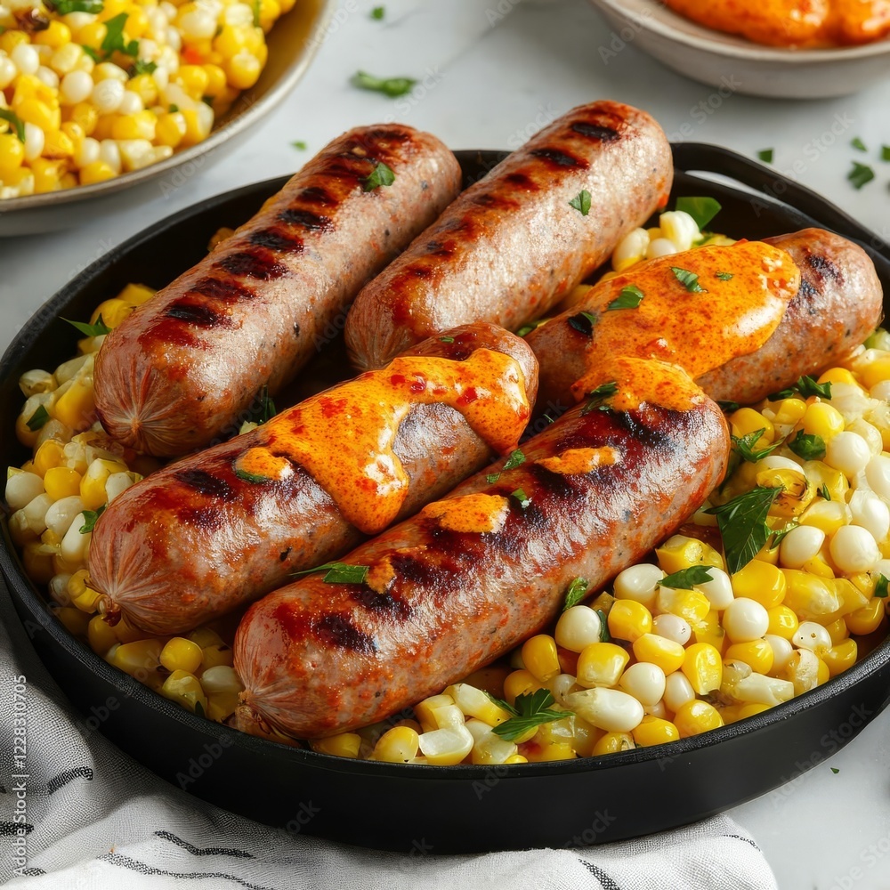 Hot dog sausage paired with charred corn and smoky paprika butter Hot dog sausage paired with charred corn and smoky paprika butter